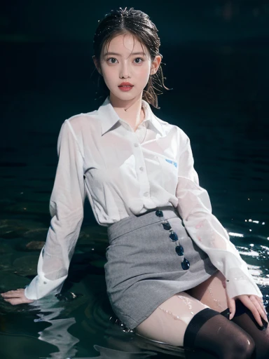 K-POPグループTWICEのモモ, (TWICE Kポップ)1 girl, (((Wearing a white buttoned long sleeve collared shirt))), (((Very short light grey skirt))), (((Long black stockings))), Glowing Skin, Very wet coagulation, (((Ultra-detailed water on body))), (((Body covered in wate...