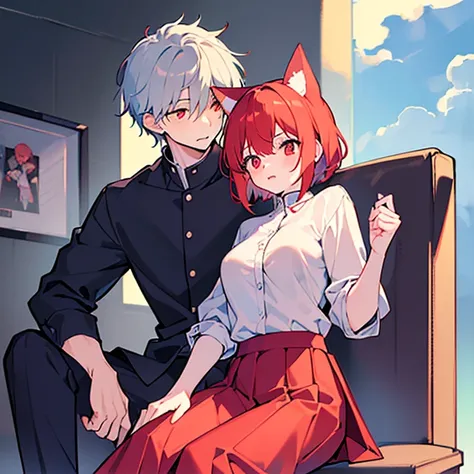 high quality　masterpiece　male and female couple　fox girl sitting on a chair，wearing a tight skirt，covered with shirt。the boy hug...