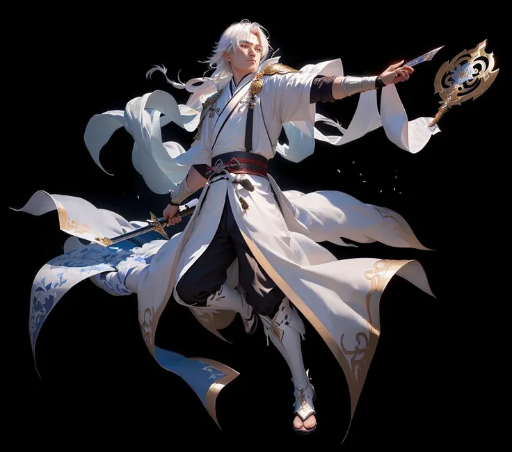 Close-up：Man in white robe holding sword, heise jinyao, 《Genshin Impact》Keqing, 《Genshin Impact》Zhongli, Inspired by Huang Shen, zhao yun, dragon, Onmyoji detailed art, xianxia hero, Olchas Logan Healing Liang Xing, inspired by Guan Daosheng