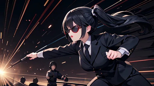 Martial Arts,black suits,sunglasses,twintail,black hair,masterpiece,best quality,super detailed,super fine illustration,8k,dynamic angle,battle scene,in dark room,detailed background,Break she is running forward.