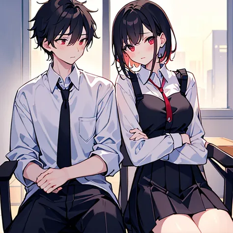 high quality　masterpiece　male and female couple　girl sitting on a chair，wearing a tight skirt，covered with shirt。the boy hugs fr...