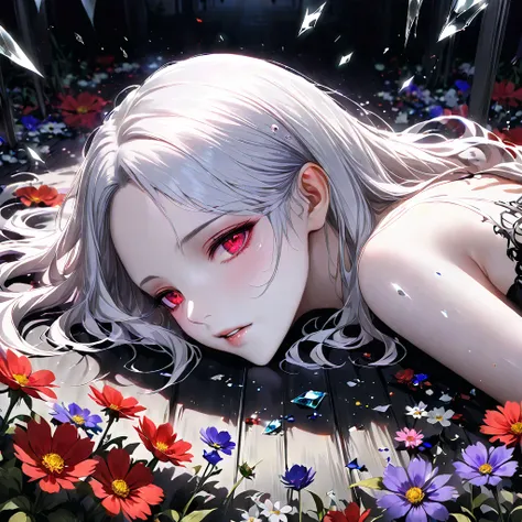 A princess laying on multicolor pillows and wild flowers, dark floor, broken glass scatter, scattering jewelry on ground, masterpiece, haunting, glowing light from side