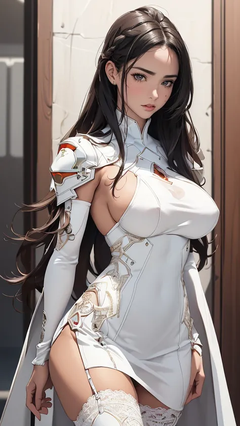 (dynamic fighting pose),(leather boots,(asymmetrical mecha armor),(long embroidered white lace dress,see through,lift up the hem of the dress)),(random hairstyle),(Thin type:1.8),(large breasts),(Highest image quality,(8K), Ultra-realistic, Best Quality, H...