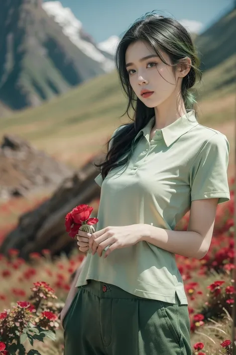 (((best quality))),(((ultra detailed))),(((masterpiece))),illustration,((1 beautiful girl,tomboy,solo)),(short black hair:1.3),((slim,thin)),((small breasts,thin)), vigorous, confident, (light green collared short-sleeved shirt:1.3), (dark green pants:1.2)...