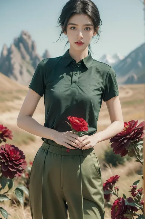 (((best quality))),(((ultra detailed))),(((masterpiece))),illustration,((1 beautiful girl,tomboy,solo)),(short black hair:1.3),((slim,thin)),((small breasts,thin)), vigorous, confident, (light green collared short-sleeved shirt:1.3), (dark green pants:1.2)...