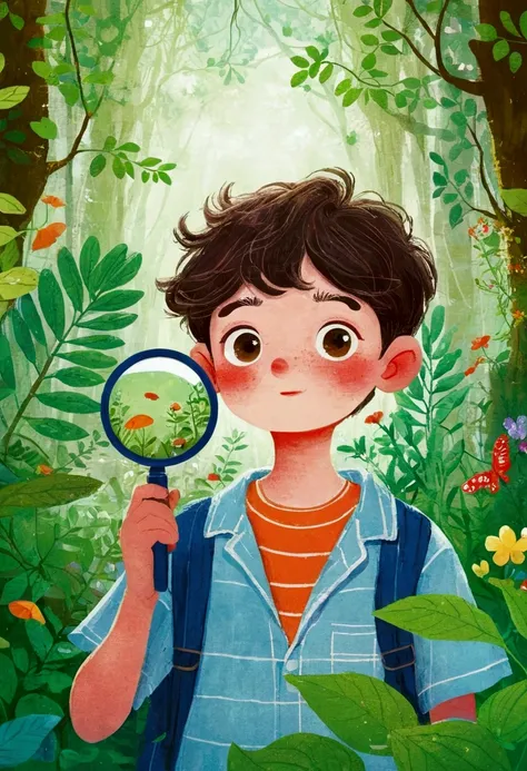 illustration：A boy in the forest observing plants through a magnifying glass。 梅青 的故事书illustration, devianart contest winners, Concept Art, 儿童书籍illustration, 儿童书籍illustration, 儿童书籍illustration, 儿童书籍illustration, colorful 儿童书籍illustration, 儿童书籍illustration, ...