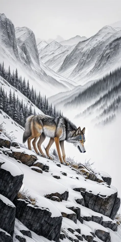 Wolves raising their young in the mountains, beautiful scenery, calm expression, summer mountain, golden eyes, top quality, realistic, dignified々Strong, strong, white and gray, ink painting, sketch, photo, great work, detailed, ingenious, landscape paintin...