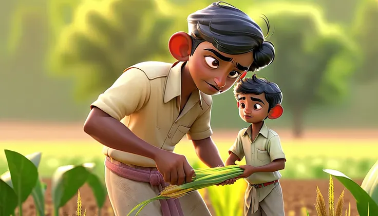 raju helping his father in the fields after school, showing his dedication.

elements: raju and his father working together in t...