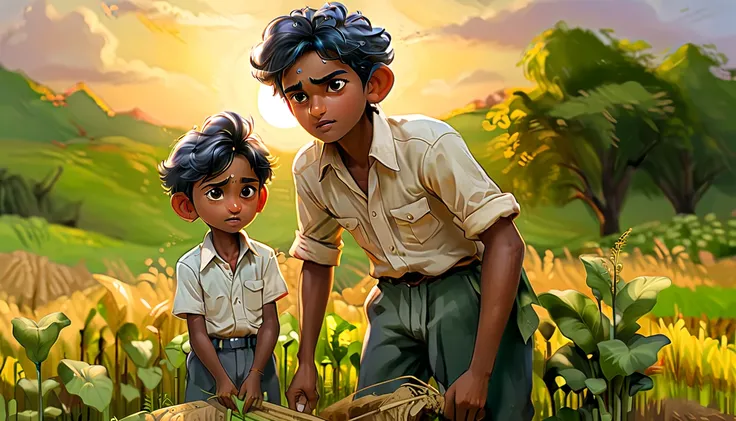 raju helping his father in the fields after school, showing his dedication.

elements: raju and his father working together in t...