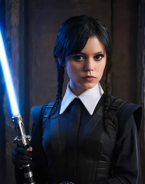 a beautiful picture of w3dn3sday holding a lightsaber masterpiece, photorealistic, woman, detailed, backlighting, light, RAW color photo,(fully in frame:1.1), detailed skin texture, (blush:0.5), (goosebumps:0.5),wearing a uniform, black hair, 