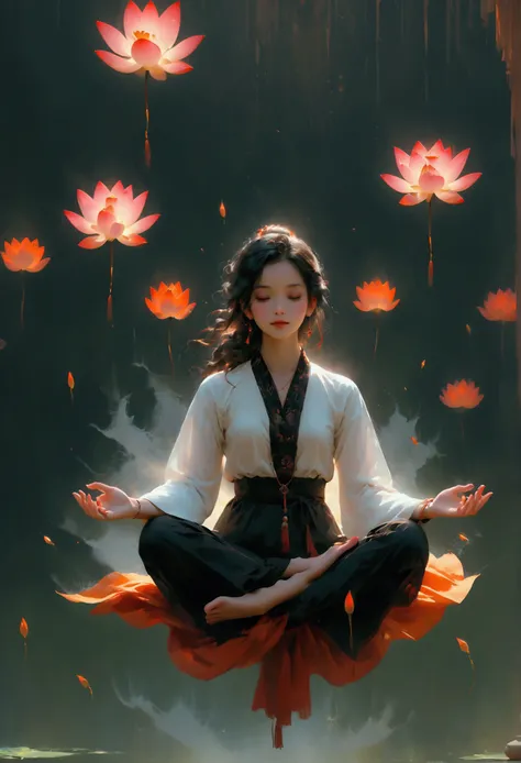 (Vibrant colors),lotus pose,Girl floating in the air:2,(best quality:1.2),detailed portrait,Tranquil Background,Soft shadows,Soft lighting,Meditation atmosphere,Exquisite lines.Minimalist Journey,Girl floating in the air:2,Girl floating in the air:2