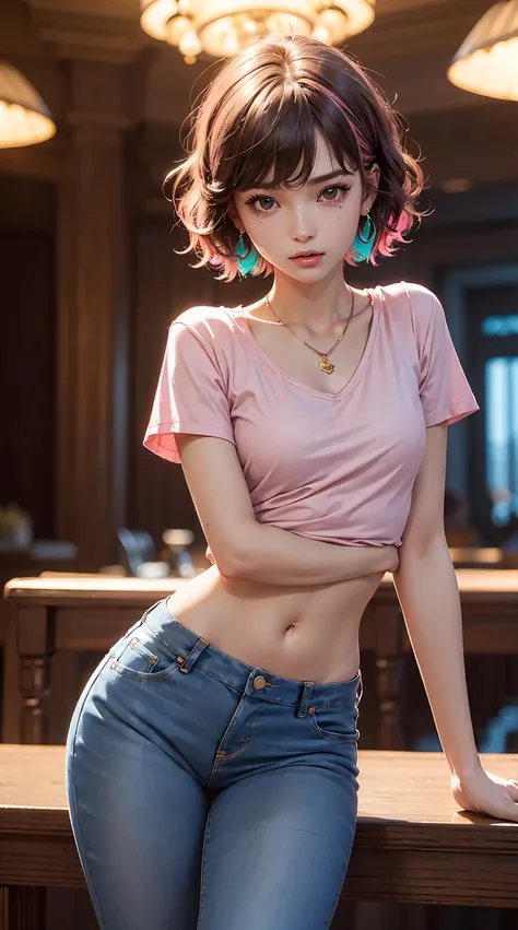 ((Medium bust, Tomboy, Small head)), Sunlight, Sunlight, (Perfect body: 1.1), (young), (Wavy short hair: 1.2), necklace, Full body portrait, Crowded streets, ((Wearing pink T-shirt )), (jeans), (extremely detailed CG 8K wallpaper), (Extremely refined), (Cl...