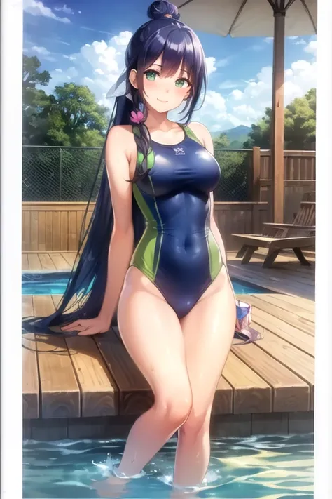 ((hdr, highest resolution, best quality, beautiful, raw image)),1girl, , dark blue hair, long hair, , ((((big topknot half up hair)))), ((bangs hair)), (blushing:1.1), smiling, green eyes, full body, slender, (medium breasts), thighs, early teen,  blue one...