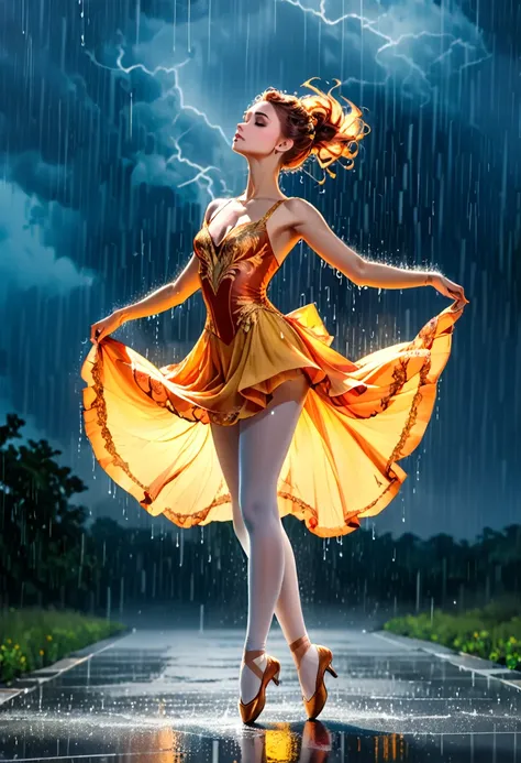 a portrait of female classical ballet prima ballerina dancing in the rain, a full body picture ((anatomically correct: 1.5)) of a exquisite beautiful female dancer wearing silk evening dress, intricate dress dynamic hair color, dynamic hair style, dynamic ...