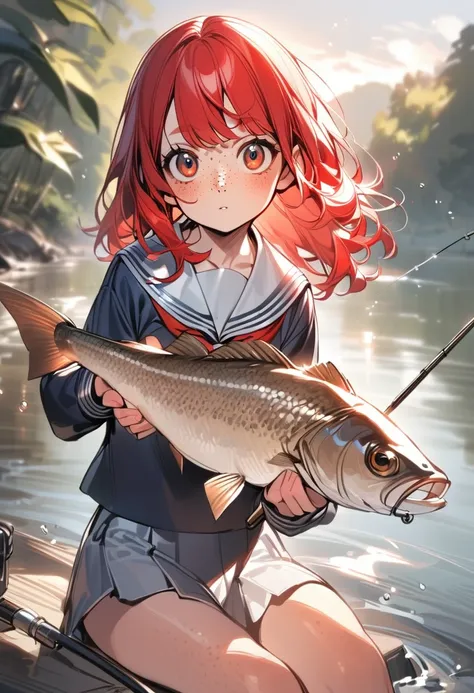 young girl(red hair, freckles, serafuku, big eyes), fishing, river