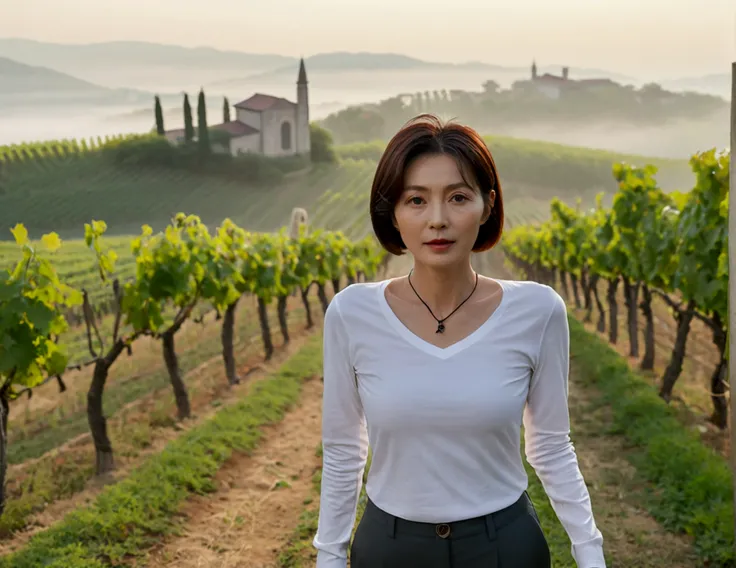 Italy foggy countryside dawn, Endless vineyards, A cathedral can be seen far away in the fog.. Korean woman in her 40s, Wearing a luxury brand white long-sleeved T-shirt, casual pants, Korean woman with beautiful short medium bob hair, Standing on a path o...