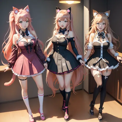 Anime girl in a cat costume stands in the room, like an anime character, Junko Enoshima from Danganronpa, Chiaki Nanami from Danganronpa, anime with cel-shading, Anya from Spy X Family, anime vtuber full body model, Rena noun 3/4, Hinata Hyūga from Naruto,...