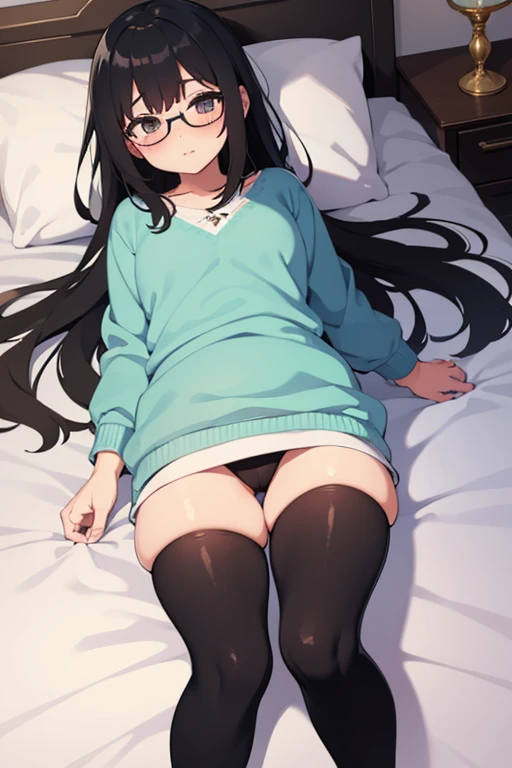 Cute girl with glasses, plump thighs, small stature, lying on a bed, black hair, blushing