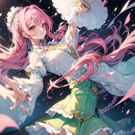 ((masterpiece)), ((One beautiful woman:1.5)), Pink Hair、Twin braids、The inner layer is a blouse、The outer layer is pale emerald green with white sleeves.、Ruffled Skirt、A big smile 、Red Eyes