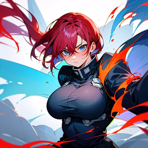  in the middle of the city, with black uniform, big and strong woman, hair half white and half red, boku no hero style, looks like Todoroki shoto, blue firepower