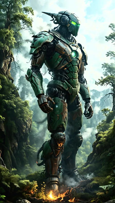 Create a digital art piece featuring a Forest humaniod Guardian Jaeger standing imposingly at the edge of a vast forest, towering over the treetops and touching the clouds at an incredible height of 300 meters. The scene is set against a backdrop of dense,...