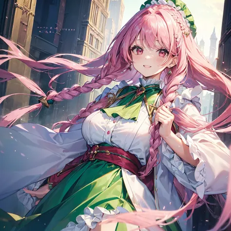 ((masterpiece)), ((One beautiful woman:1.5)), Pink Hair、Twin braids、The inner layer is a blouse、A fluffy outerwear emerald green with white sleeves、Ruffled Skirt、A big smile 、Red Eyes