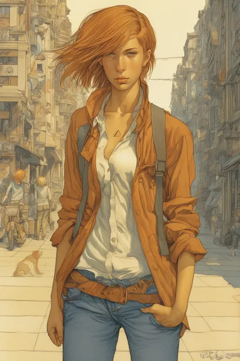 Luc Schuiten Style - Androgynous tomboy person, very pretty, extremely pretty, hazel hair, neither a boy nor a girl, flat chest, curvy ass, round tight ass, androgynous very pretty style, so pretty, bandana, so pretty, mid long hair, 