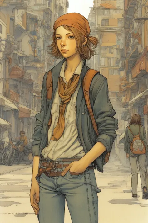 Luc Schuiten Style - Androgynous tomboy person, very pretty, extremely pretty, hazel hair, neither a boy nor a girl, flat chest, curvy ass, round tight ass, androgynous very pretty style, so pretty, bandana, so pretty, mid long hair, 