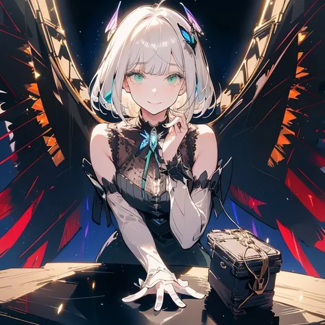 a beautiful (1woman) with colorful butterfly wings, white hair, detailed face, green eyes,intricate butterfly wings,detailed wing patterns,detailed clothing,colorful butterfly wings,cinematic lighting,golden light particle, best detailed,masterpiece,ultra ...