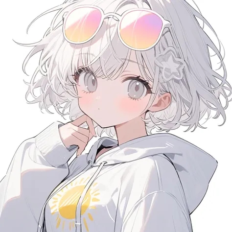 girl, white hair, short hair, white mesh hair, white and gray eyes, white hoodie, one pastel white ((heart)) sun glasses, 舌を出す, ...