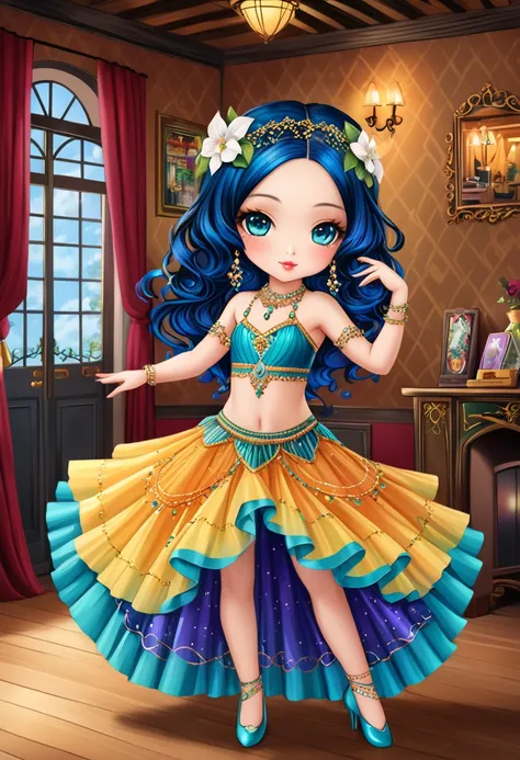 (((in style of Jasmine Becket-Griffith, full-length portrait of a dancer in a living room))), 1girl, Stunning young dancer, Gypsy Dancer, (Amazing dance:1.9), Beautiful dance costume, Jewelry, Accessories, slim body, Sexy dancing, French Country Bar, Livel...