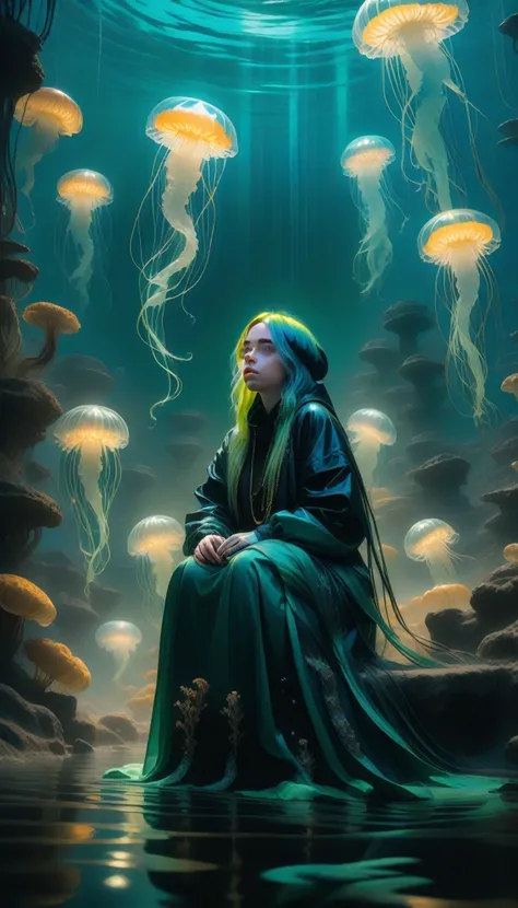 mysterious, Fantasy, figure: Billie Eilish is ancient, Sunken City. with a gentle touch, She controls luminous jellyfish that create a protective barrier., Drive away the shadow creatures that lurk in the depths.