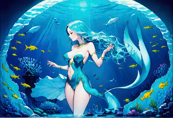 A cute woman mermaid (turquoise hair, pale skin, blue scales, breast covers) is dancing with a blue shark deep in the ocean, glowing creatures watch nearby lighting the scene
