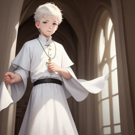 An incredibly charming boy wearing a white priest&#39;s robe, beautiful realistic blue wings, angelic look, happy eyes, hair with black bangs, rope belt around his waist. The illustration is in high definition with 4k resolution., 2d, with highly detailed ...