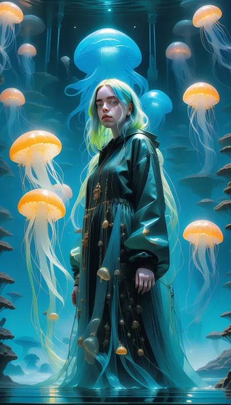 mysterious, Fantasy, figure: Billie Eilish is ancient, Sunken City. with a gentle touch, She controls luminous jellyfish that create a protective barrier., Drive away the shadow creatures that lurk in the depths.