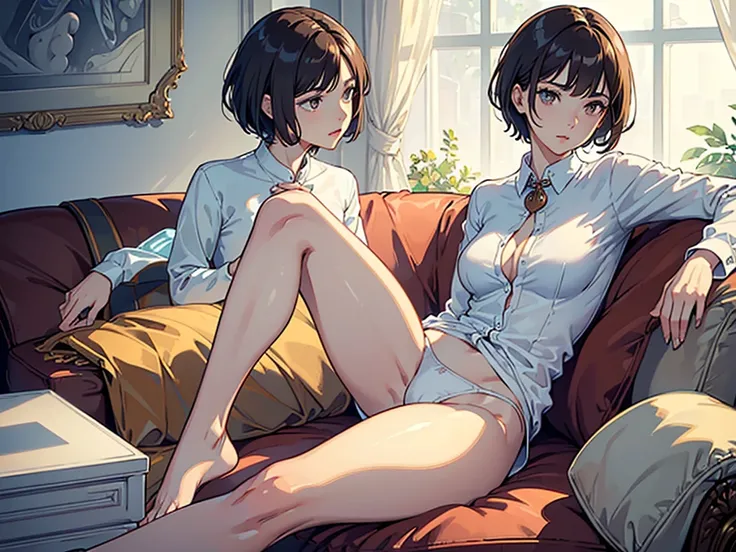 masterpiece,(Perfect Anatomy:1.5), pov, highest quality, a lady , slender, leggy, Seductive, short hair, brown hair, (wear a white long sleeved shirt:1.5), white bikini panties ,  Perfect hands, Perfect body, reclining, lying on a sofa, throw her legs over...