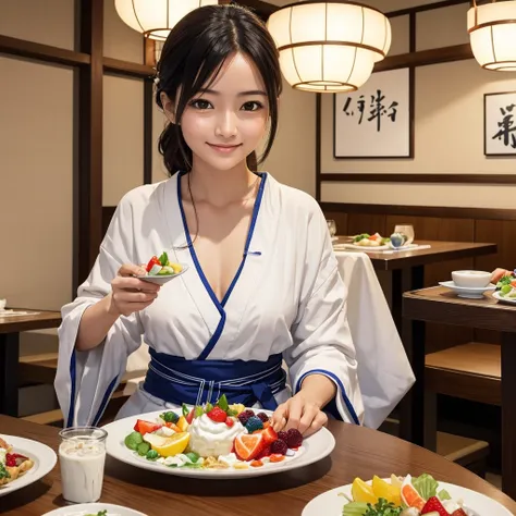 Generate an image of Greek yogurt topped with mixed fruits, served alongside health-conscious dishes in a Japanese-style restaurant. The scene is set during dinner time, with a cute Japanese woman sitting joyfully, enjoying the meal.