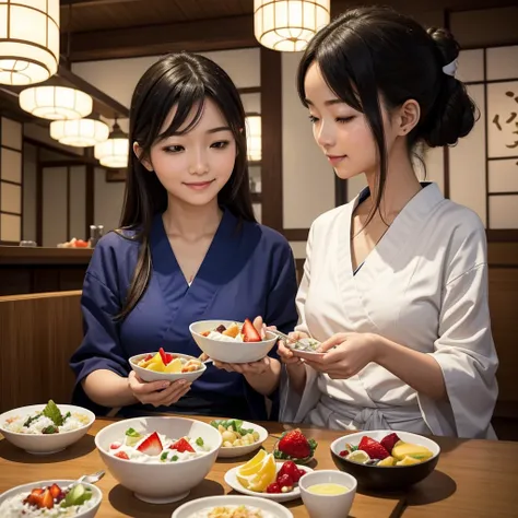 Generate an image of Greek yogurt topped with mixed fruits, served alongside health-conscious dishes in a Japanese-style restaurant. The scene is set during dinner time, with a cute Japanese woman sitting joyfully, enjoying the meal.