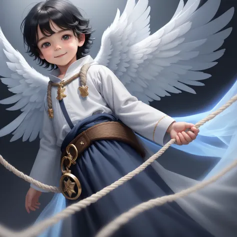 An incredibly charming little boy wearing a long angel robe, only man,  beautiful realistic blue wings, angelic look, happy eyes, hair with black bangs, rope belt around his waist. The illustration is in high definition with 4k resolution., 2d, with highly...