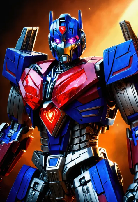 a detailed, highly realistic, cinematic digital painting of Optimus Prime, the iconic Autobot leader from Transformers, with his chest opening to reveal a glowing sword-like heart, dramatic lighting, intricate mechanical details, complex textures, rich col...