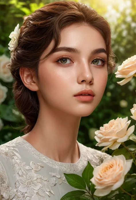 1 boy and 4 girls, beautiful detailed eyes, beautiful detailed lips, extremely detailed eyes and face, long eyelashes, elegant fashion, graceful poses, serene outdoor garden setting, blooming flowers, lush greenery, soft lighting, warm color palette, cinem...