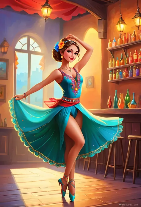 in style of Iwona Lifsches, 1girl, Stunning young dancer, Gypsy Dancer, (Amazing dance:1.9), Beautiful dance costume, Jewelry, Accessories, slim body, Sexy dancing, French Country Bar, Lively stage, Cheerful atmosphere, The artist&#39;s works, painting, A ...