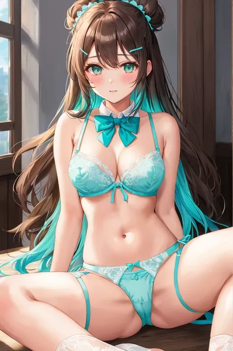 A beautiful girl in turquoise lingerie sitting at a table anime girl, fine lingerie with lace, turquoise lingerie, (side-tie panties, panties with a plain turquoise center and white lace decoration on the sides:1.3), (Thin panties:1.3), (turquoise micro la...