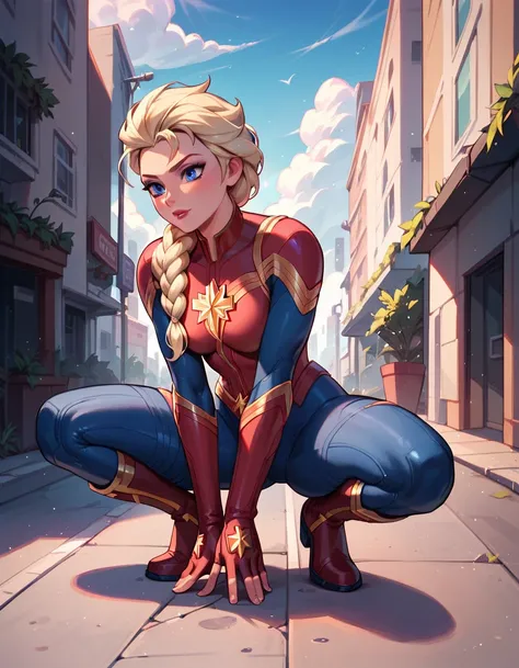 score_9, score_8_up, score_7_up, score_6_up, 1girl, solo, elsa (blonde hair, braid:1.1), wearing (Captain marvel suit:1.2), forceful superhero landing, crouched, ground cracked from landing impact, city street, cinematic lighting.