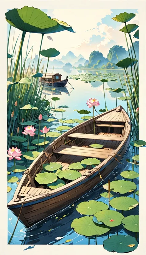 there is a poster，a small amount of lotus leaves，a small amount of reed， boat，leaves