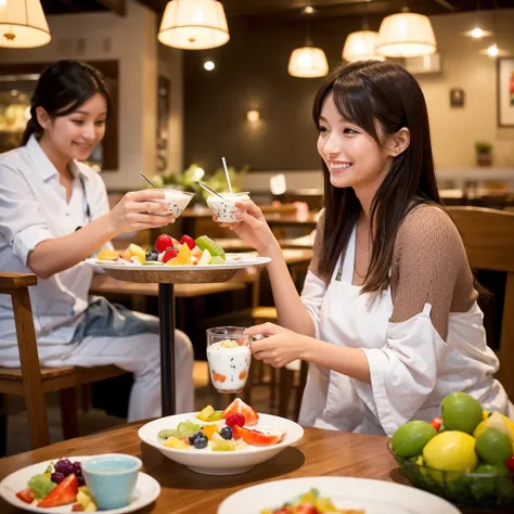 Generate an image of Greek yogurt topped with mixed fruits, served alongside health-conscious dishes in a restaurant. The scene is set during dinner time, with one cute Japanese woman sitting joyfully, enjoying the meal.