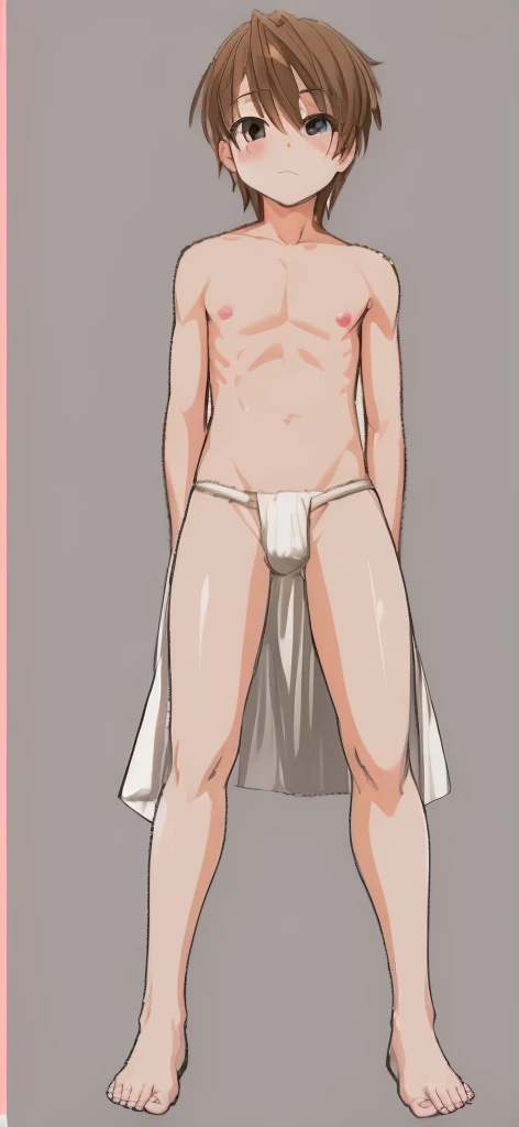 A cute, slightly tall, fifth grade boy stands wearing a white loincloth around his crotch.。