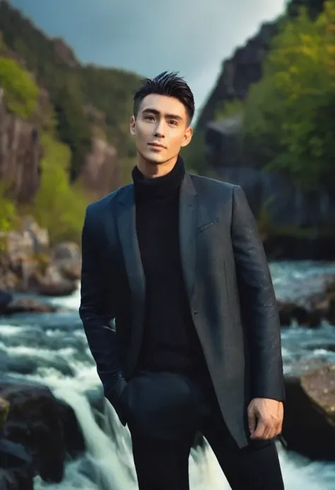 attractive model, handsome guy 30 y o, blurred background with waterfall and nature, outfit: modern casual black