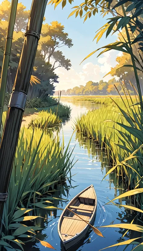 there is a poster，two or three reeds，leaves，there is a small boat in the distance