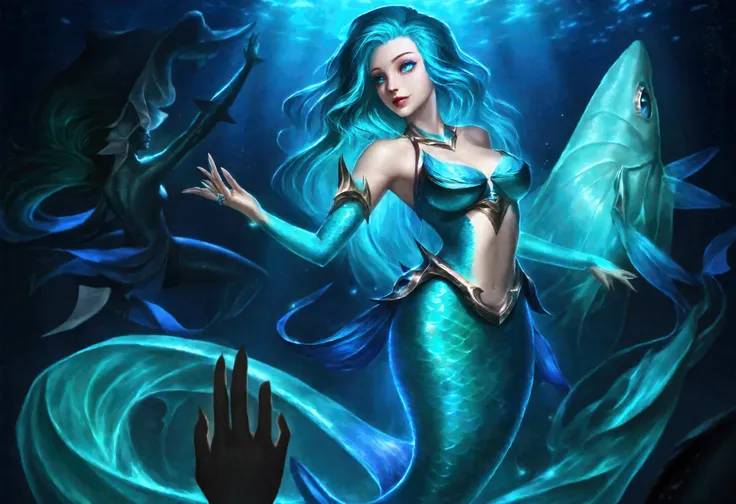 A cute woman mermaid (turquoise hair, pale skin, blue scales, breast covers) is dancing with a blue shark deep in the ocean, glowing creatures watch nearby lighting the scene
